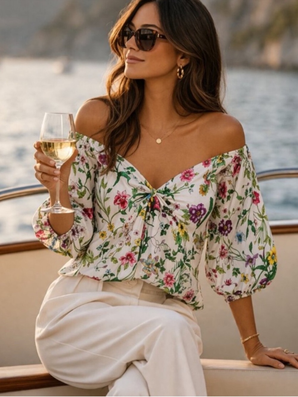 L'AGENCE Elena Floral Off Shoulder Silk Top Blouse $330 S/P
